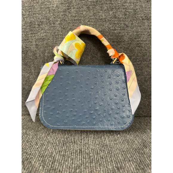 Alice Yardley Blue Ostrich Embossed Leather Top Handle Bag with Scarf Accent - Picture 3 of 11